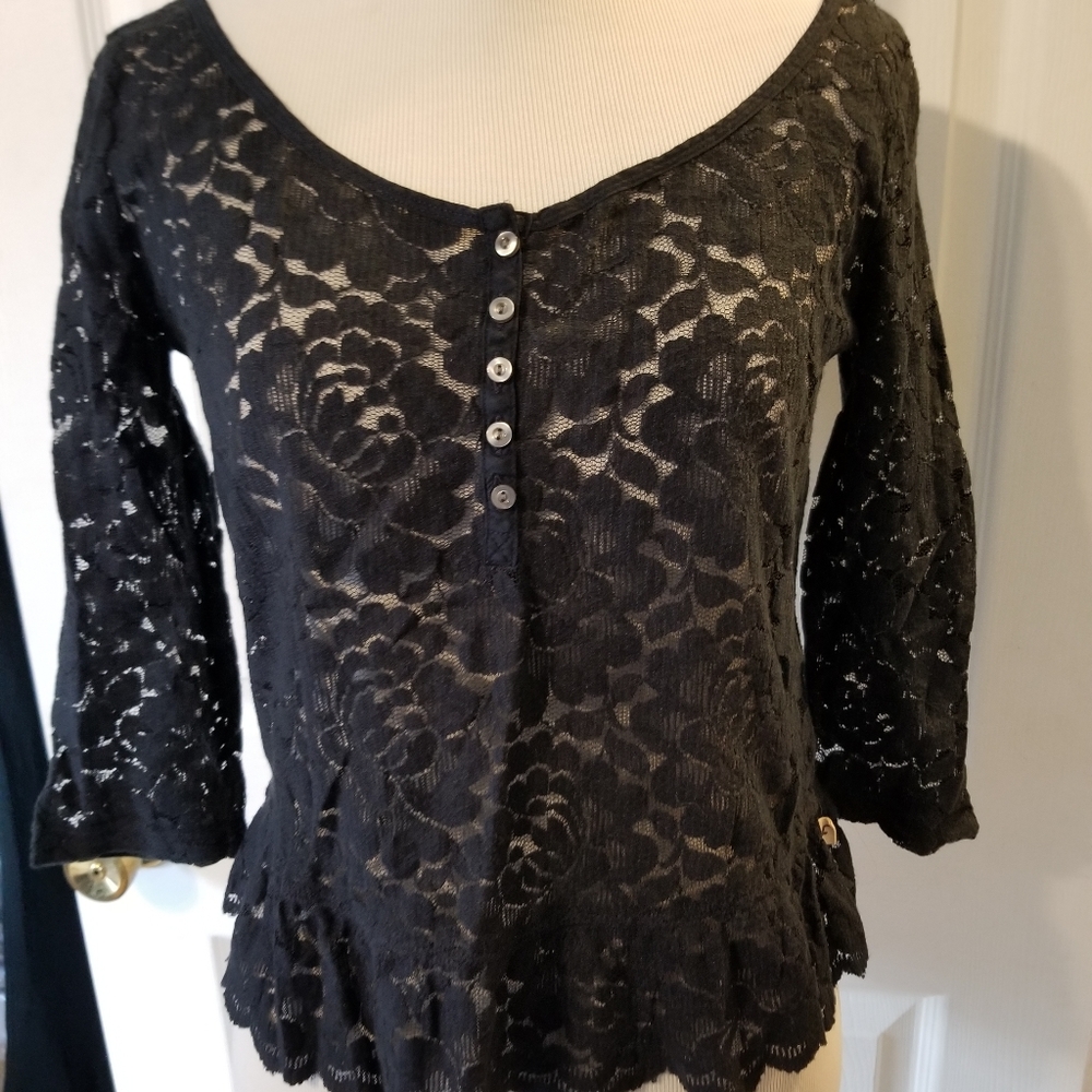 Lace 3/4 sleeve ladies top very dark navy blue XS